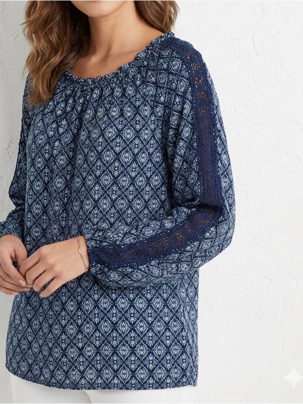 St. John's Bay Navy and Light Blue Printed Long-Sleeve Blouse